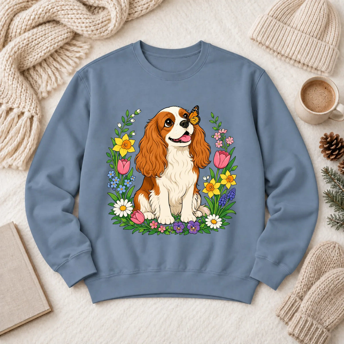 Custom Cavalier Butterfly Garden Unisex Sweatshirt Blue Jean