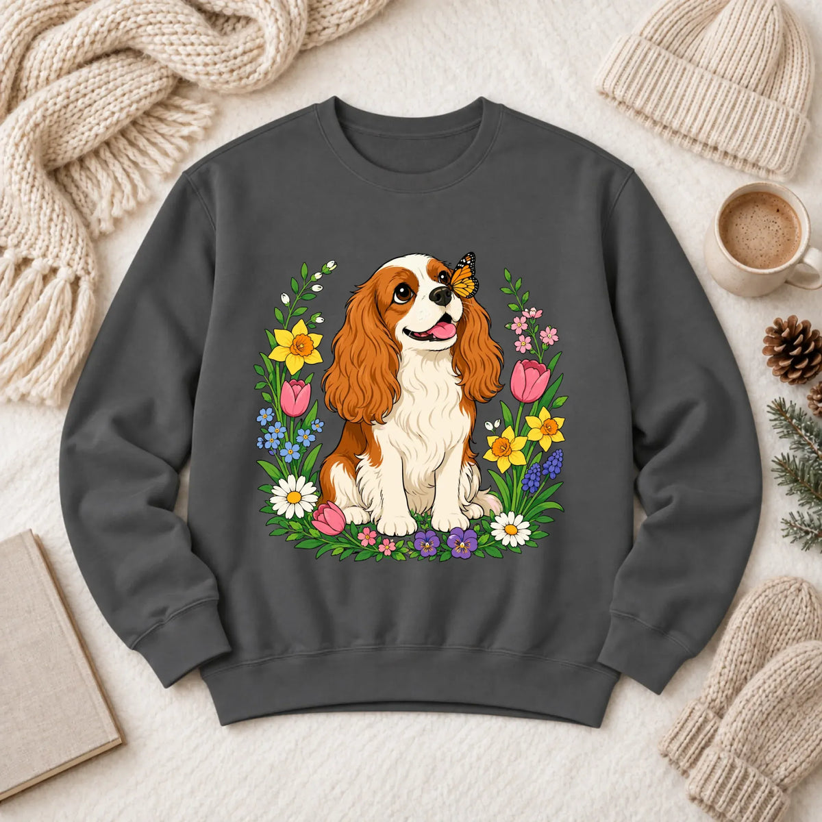 Custom Cavalier Butterfly Garden Unisex Sweatshirt Pepper