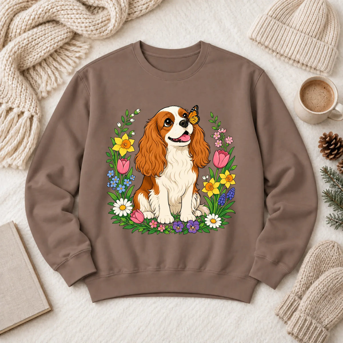 Custom Cavalier Butterfly Garden Unisex Sweatshirt Espresso