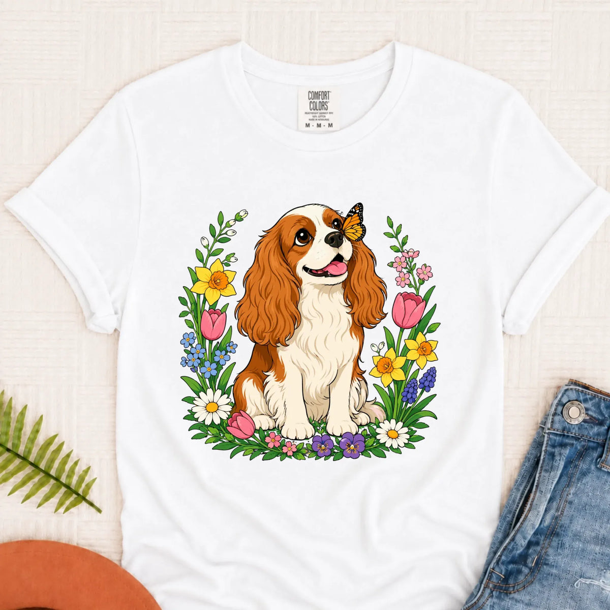 Custom Cavalier Butterfly Garden Unisex Tshirt White