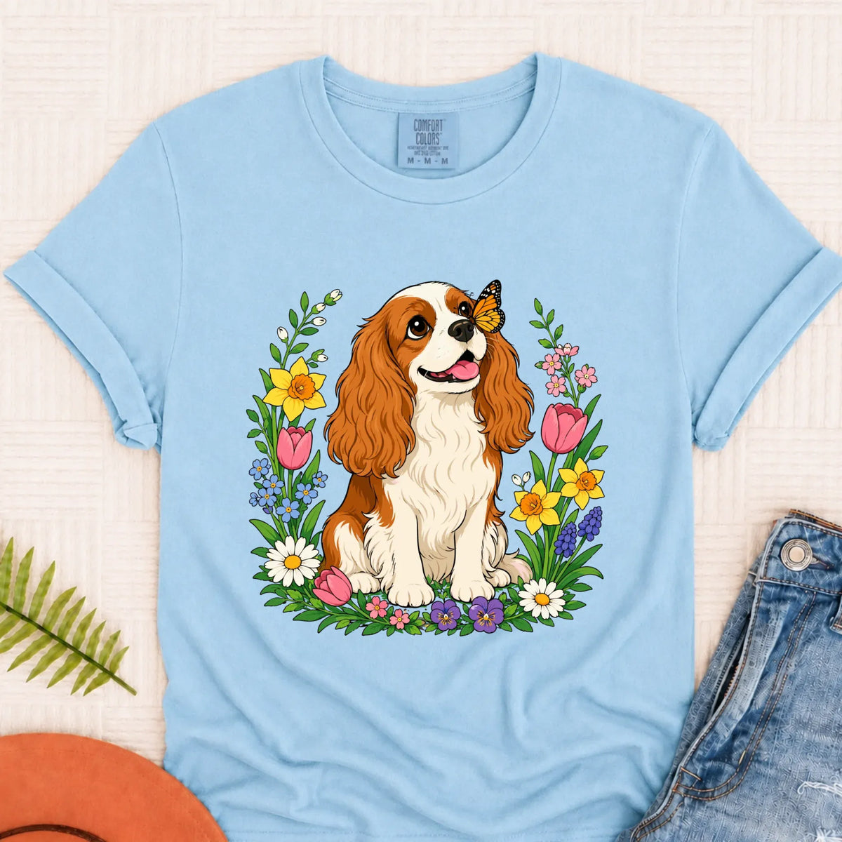 Custom Cavalier Butterfly Garden Unisex Tshirt Chambray