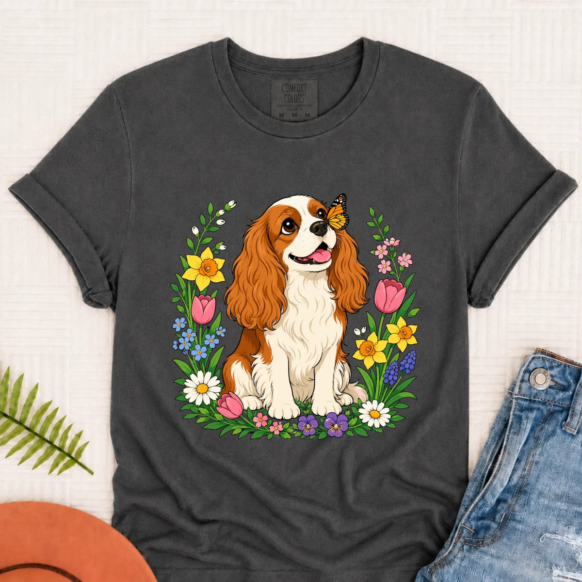 Custom Cavalier Butterfly Garden Unisex Tshirt Pepper