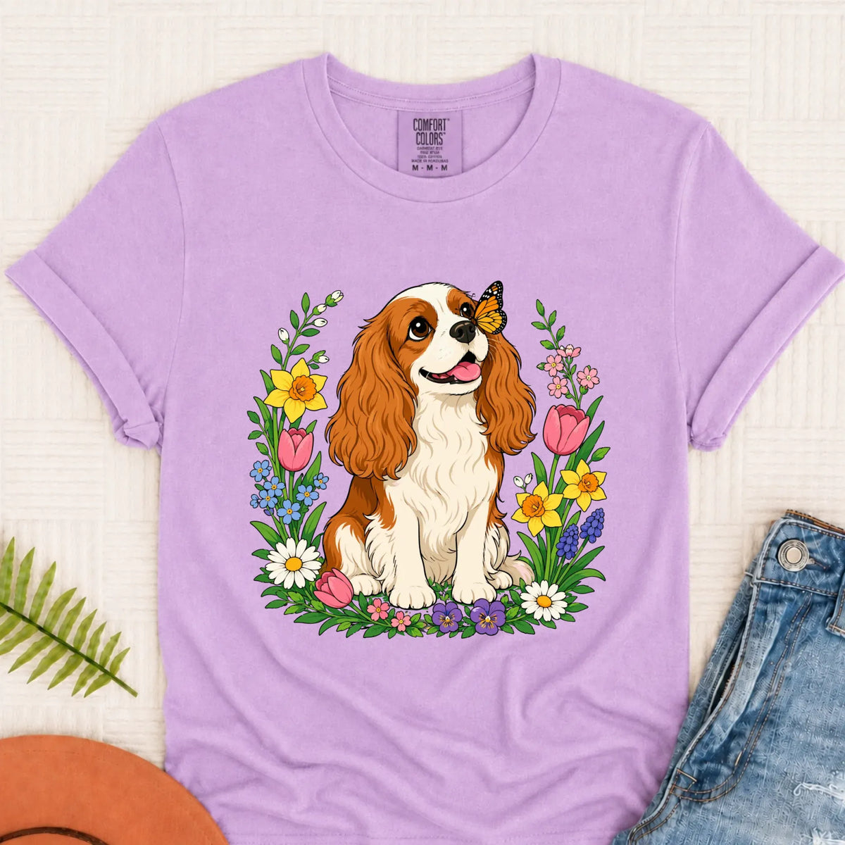 Custom Cavalier Butterfly Garden Unisex Tshirt Orchid
