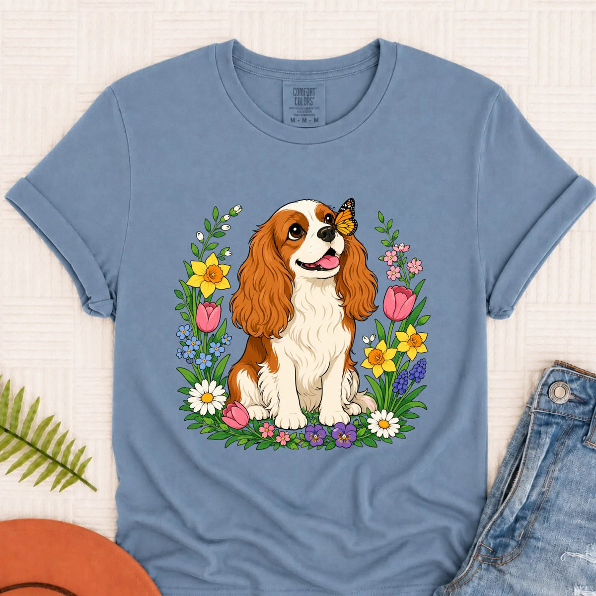 Custom Cavalier Butterfly Garden Unisex Tshirt Blue Jean