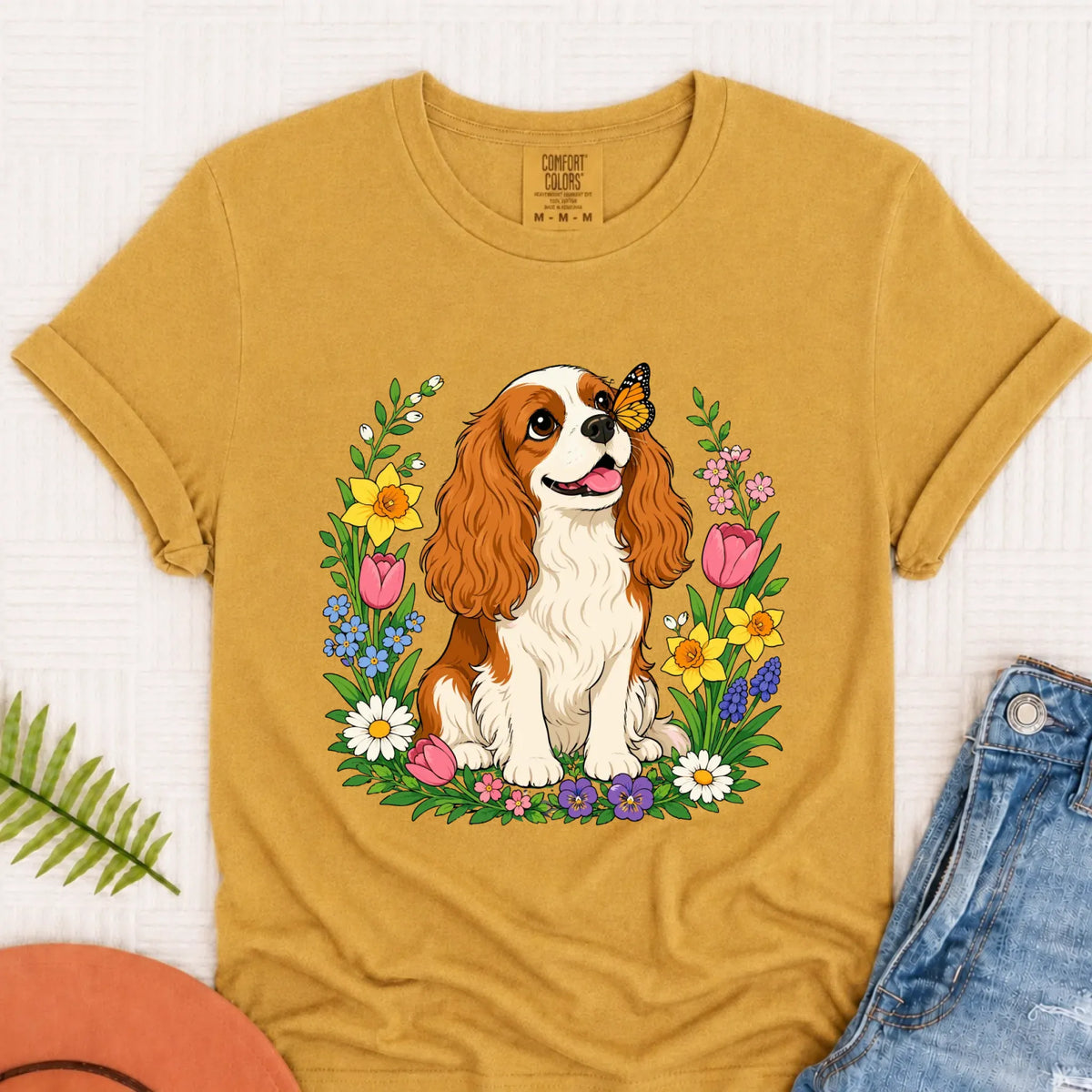 Custom Cavalier Butterfly Garden Unisex Tshirt Mustard