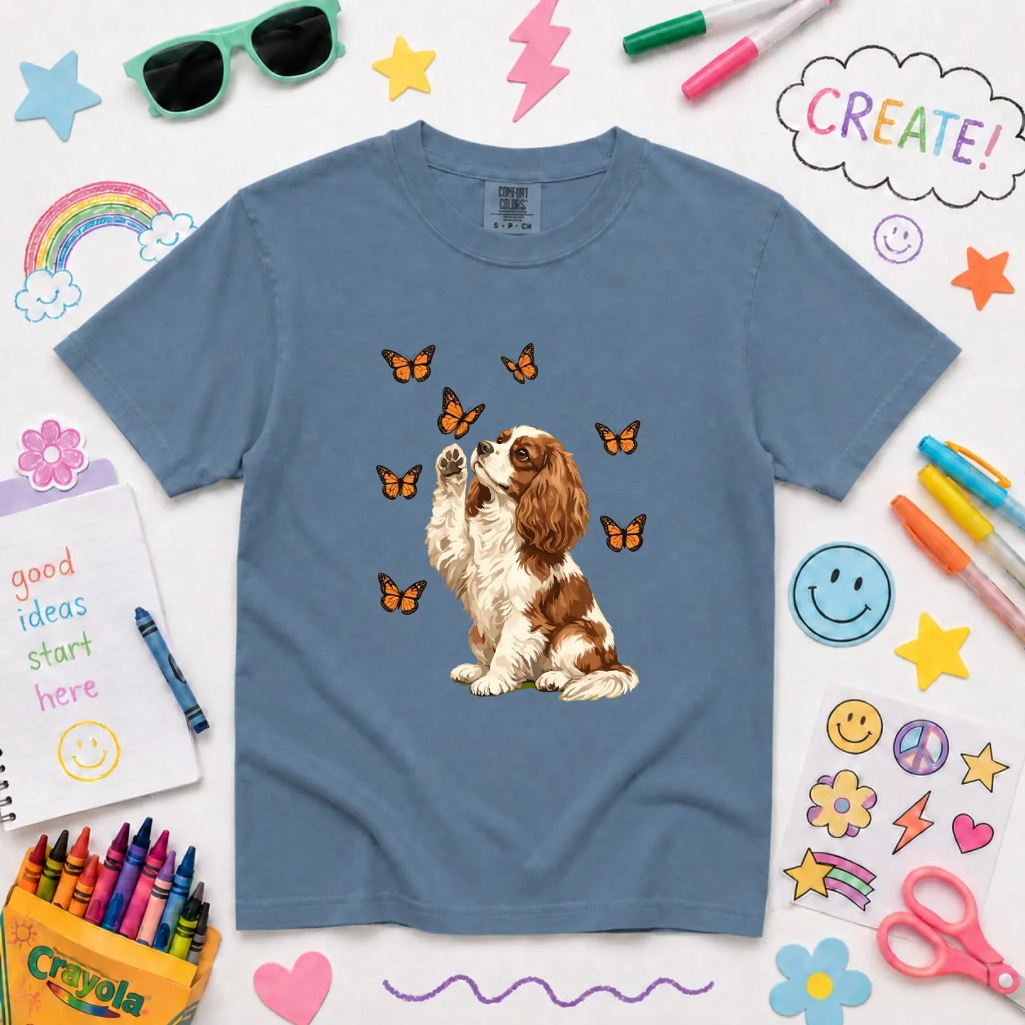 Custom Cavalier Butterfly Unisex YOUTH Tshirt Blue Jean