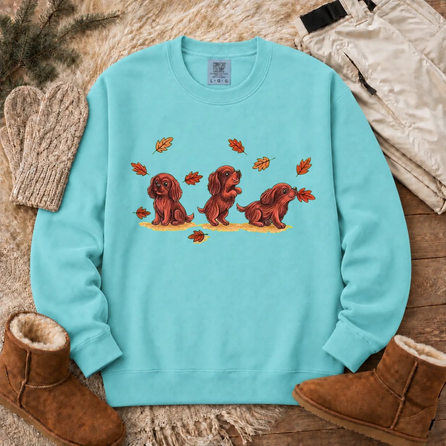 Sweatshirt Chalky Mint / S Custom Cavalier Chasing Leaves Unisex Sweatshirt