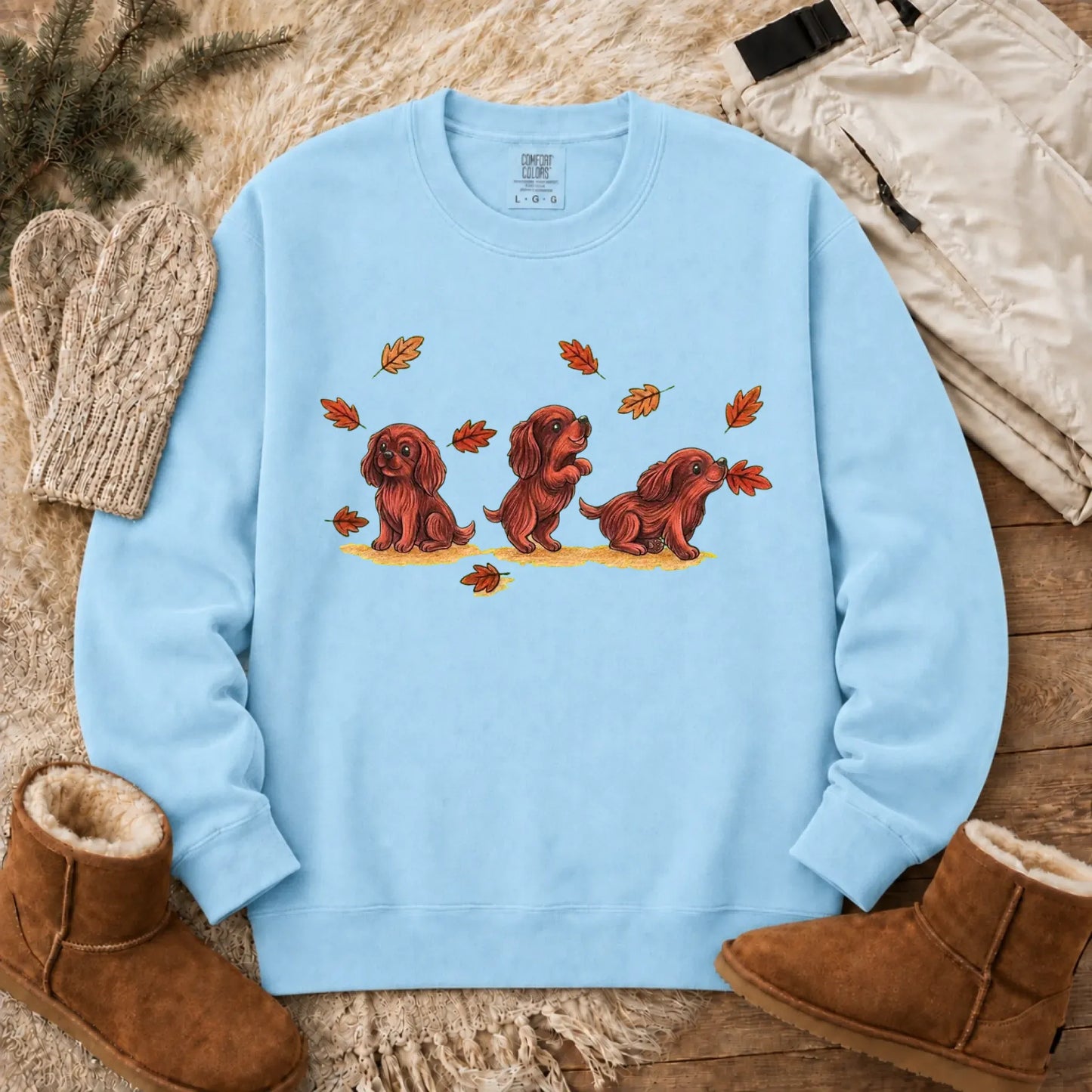 Sweatshirt Chambray / S Custom Cavalier Chasing Leaves Unisex Sweatshirt
