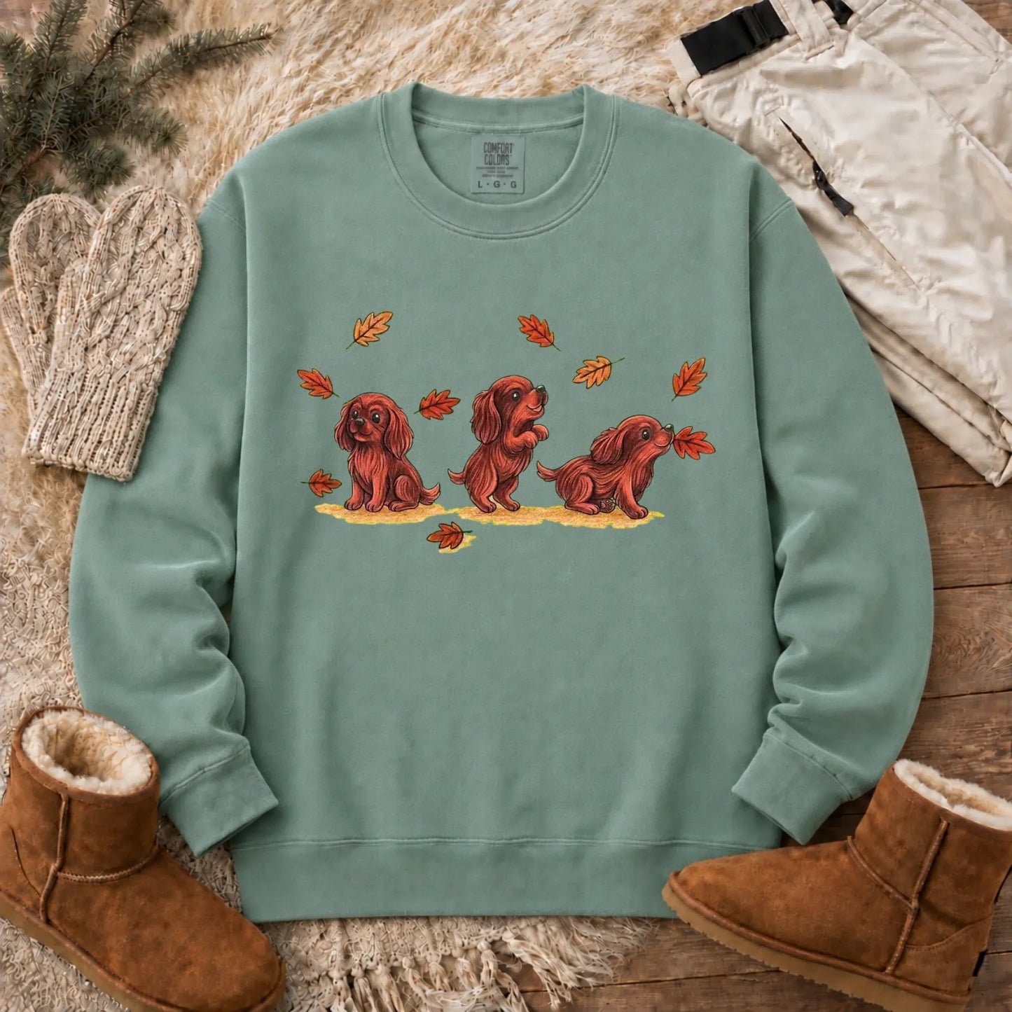 Sweatshirt Light Green / S Custom Cavalier Chasing Leaves Unisex Sweatshirt