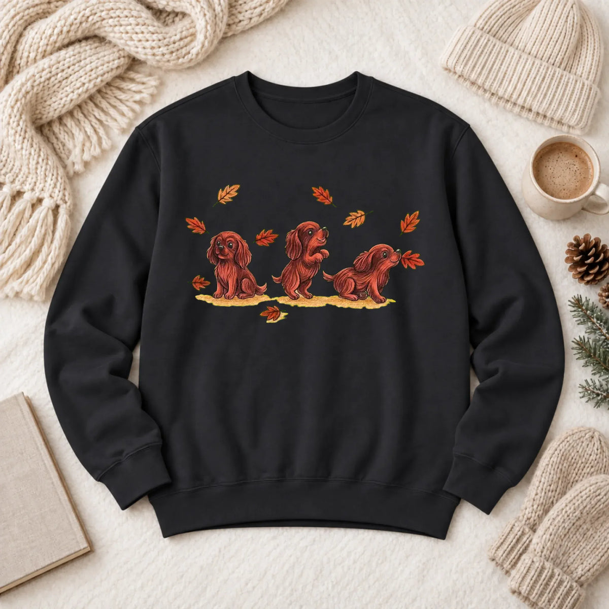 Custom Cavalier Chasing Leaves Unisex Sweatshirt Black