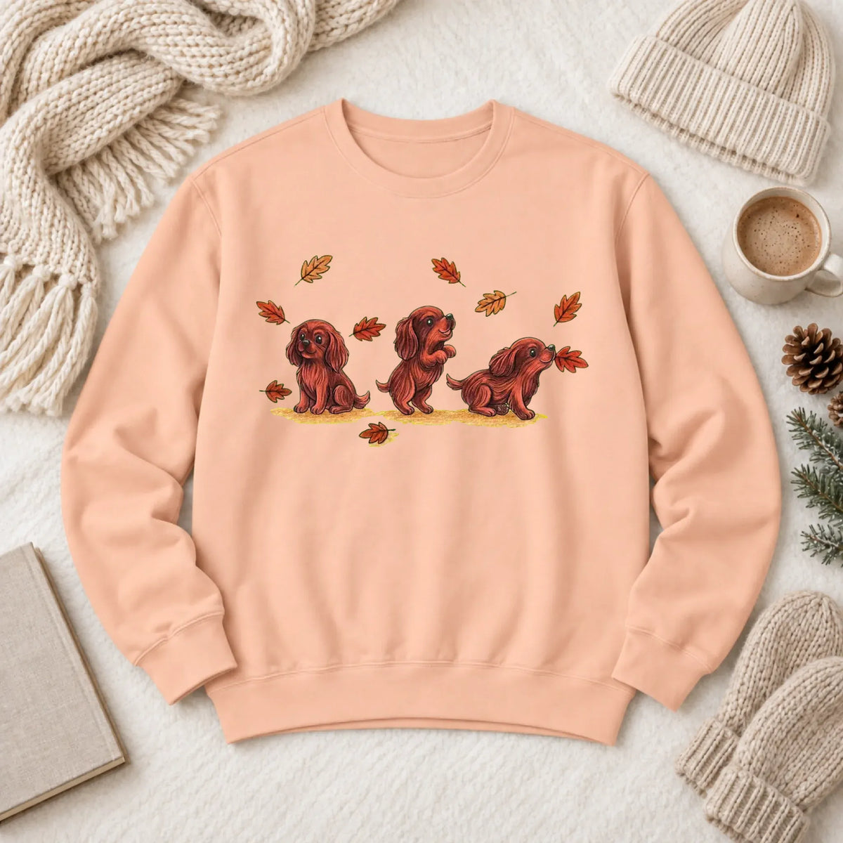 Custom Cavalier Chasing Leaves Unisex Sweatshirt Peachy