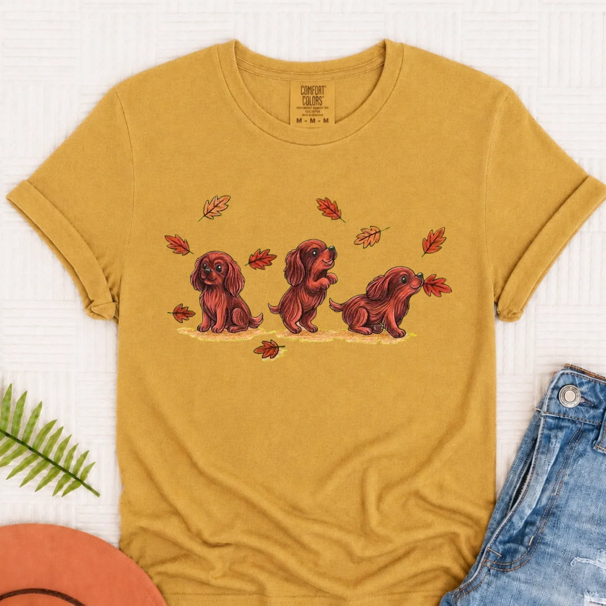 T-Shirt Mustard / S Custom Cavalier Chasing Leaves Unisex TShirt