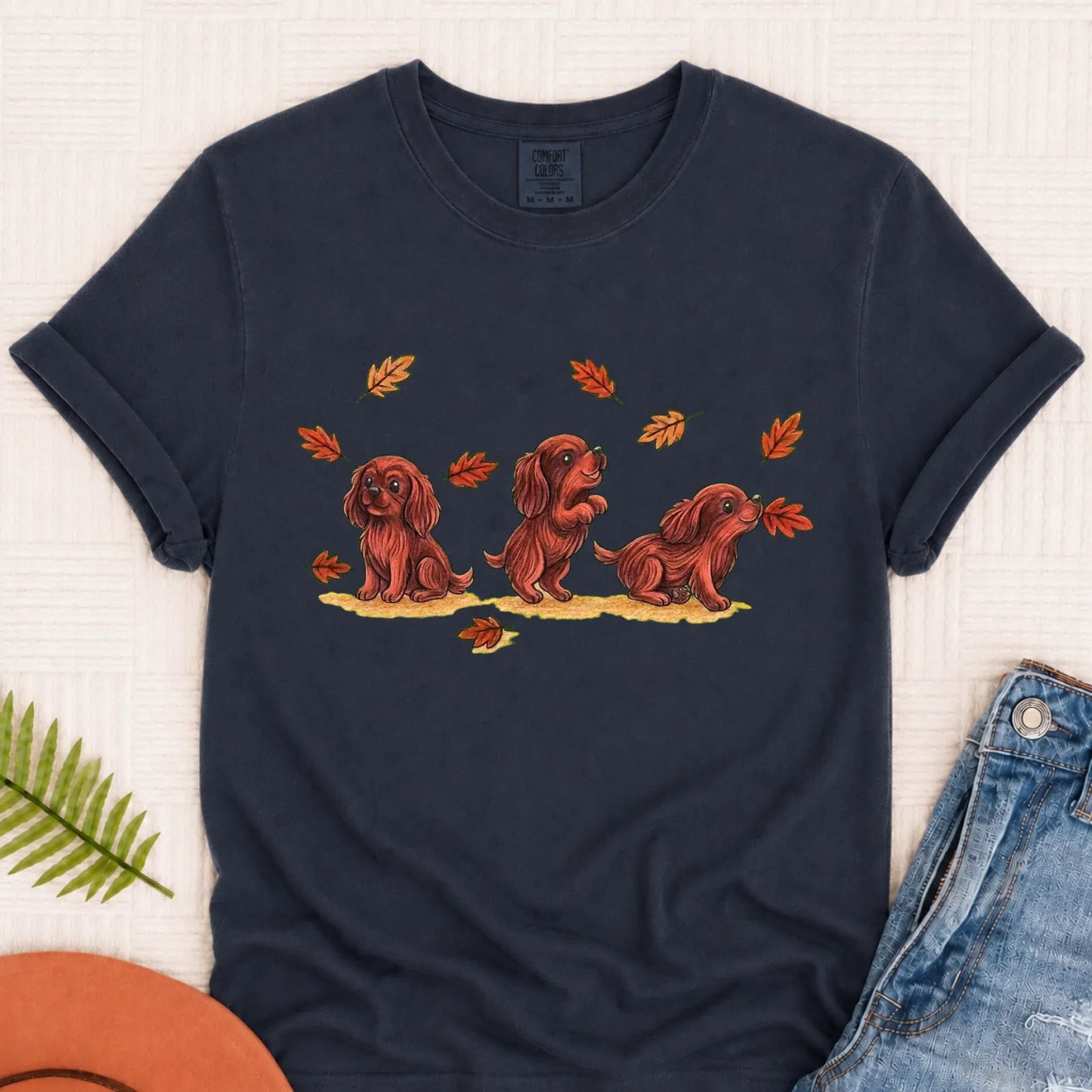 T-Shirt Navy / S Custom Cavalier Chasing Leaves Unisex TShirt