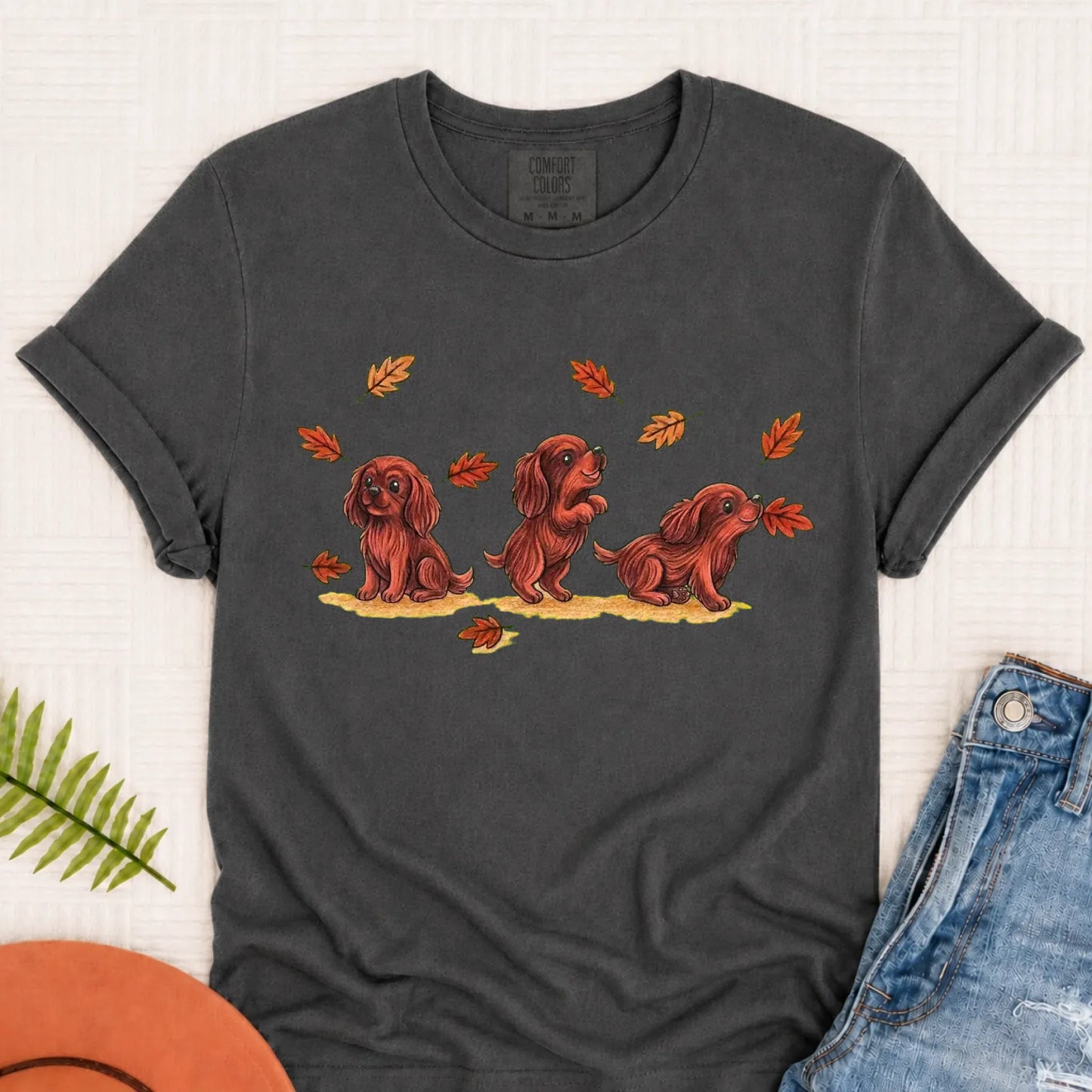 T-Shirt Pepper / S Custom Cavalier Chasing Leaves Unisex TShirt