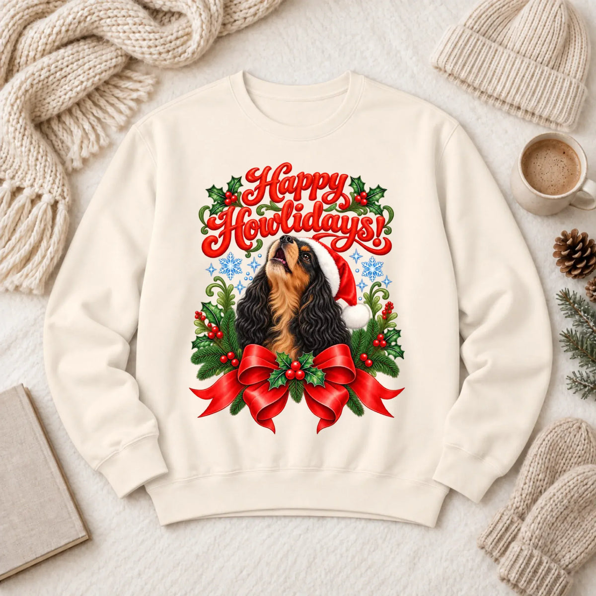 Custom Cavalier Christmas Howlidays Unisex Sweatshirt Ivory
