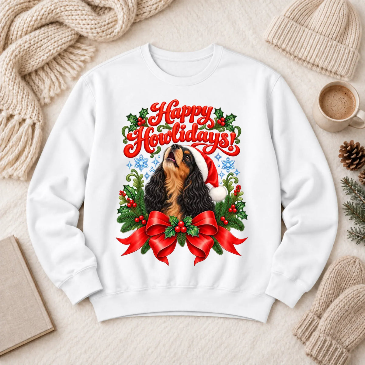Custom Cavalier Christmas Howlidays Unisex Sweatshirt White