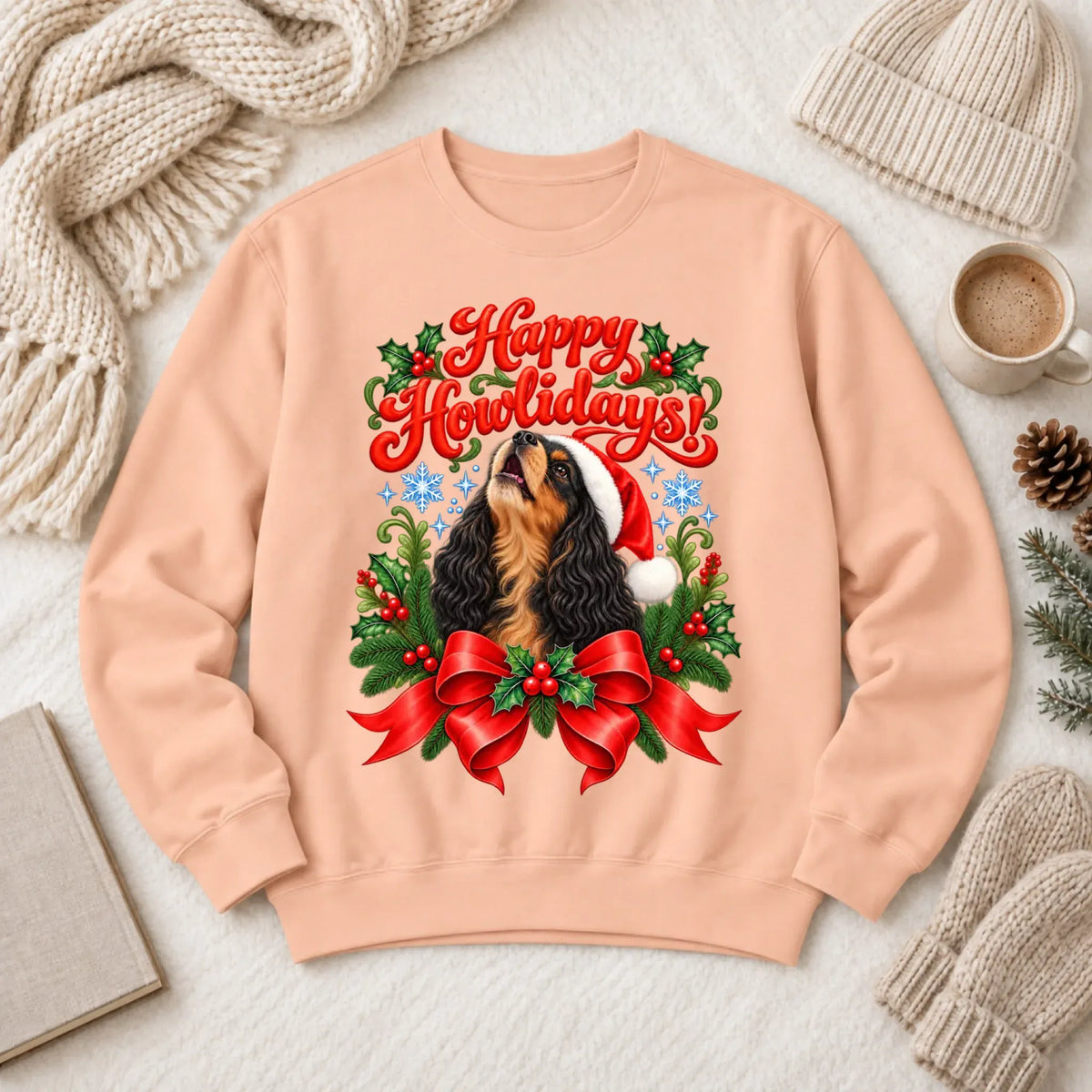 Custom Cavalier Christmas Howlidays Unisex Sweatshirt Peachy