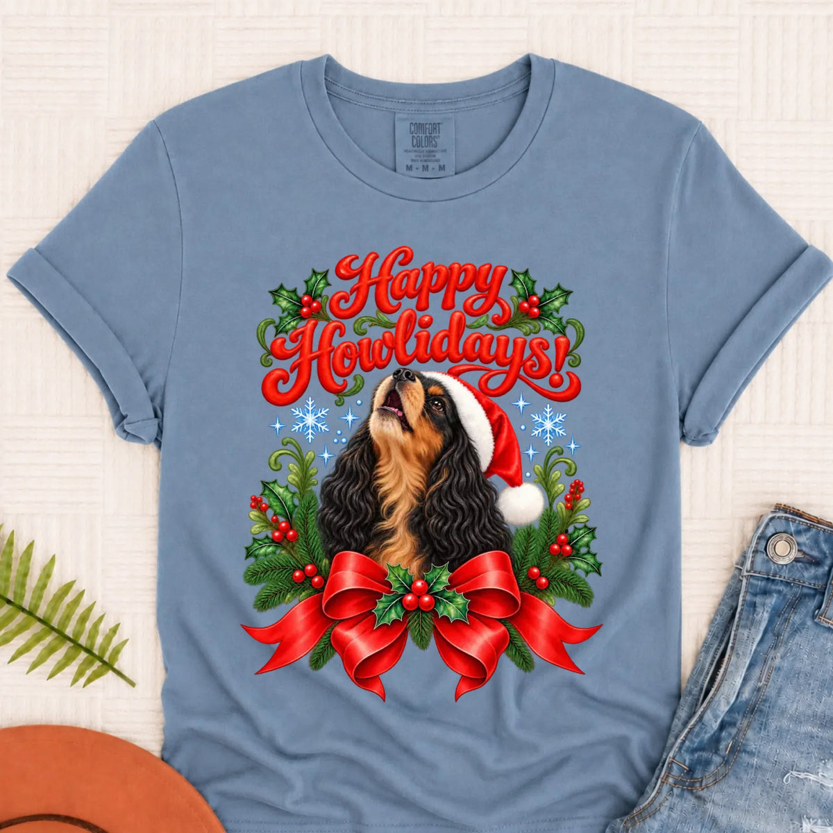 Custom Cavalier Christmas Howlidays Unisex TShirt Blue Jean