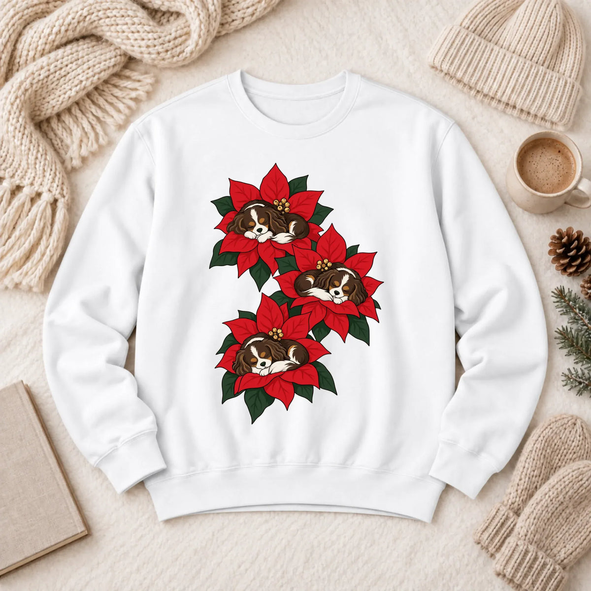 Custom Cavalier Christmas Poinsettias Unisex Sweatshirt White
