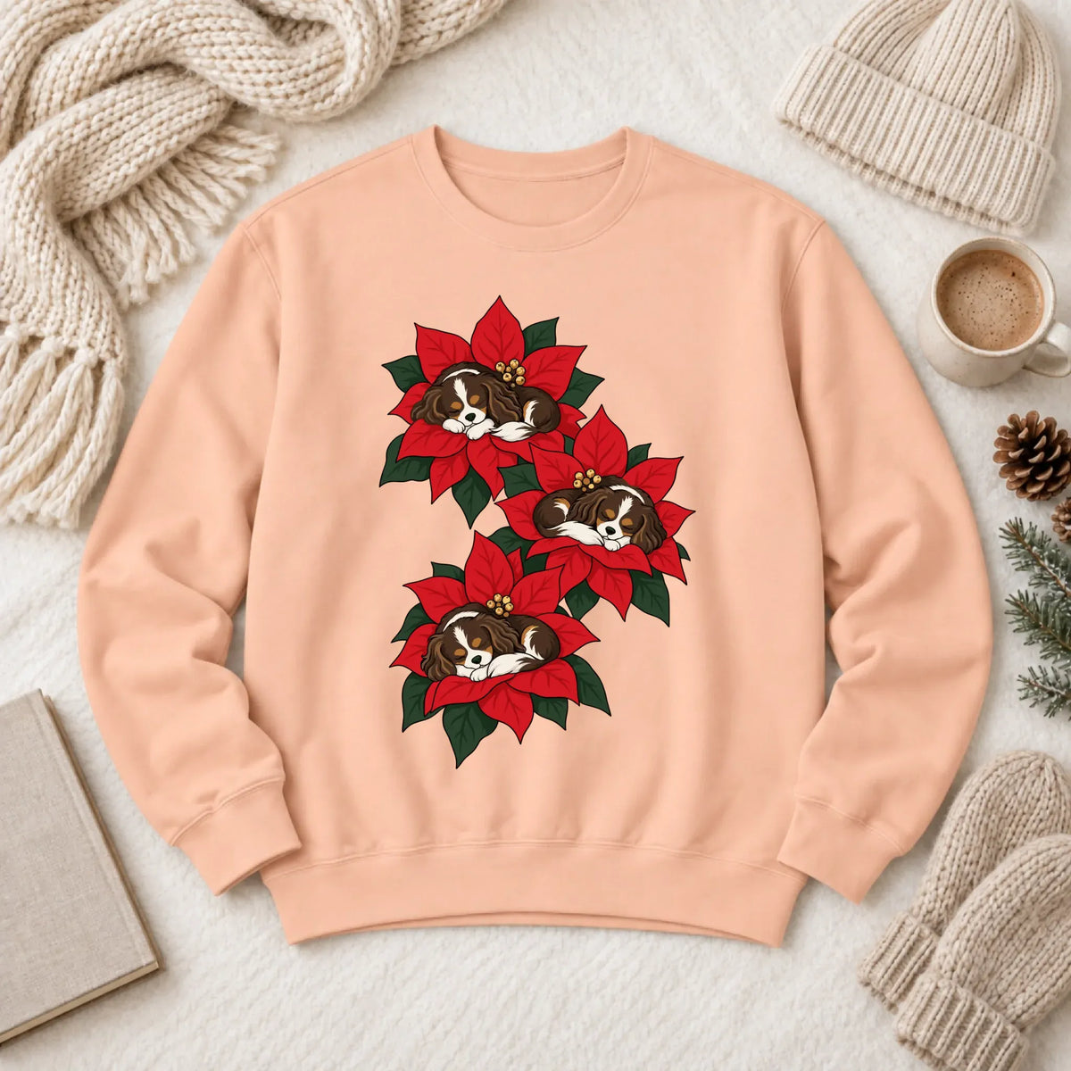 Custom Cavalier Christmas Poinsettias Unisex Sweatshirt Peachy