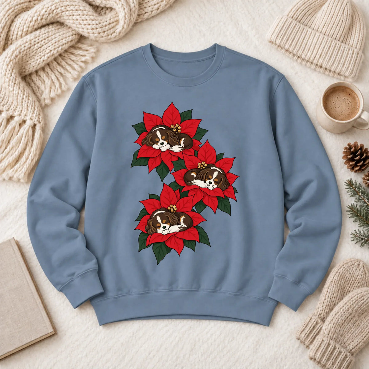 Custom Cavalier Christmas Poinsettias Unisex Sweatshirt Blue Jean