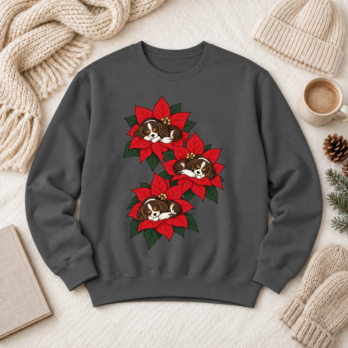 Custom Cavalier Christmas Poinsettias Unisex Sweatshirt Pepper