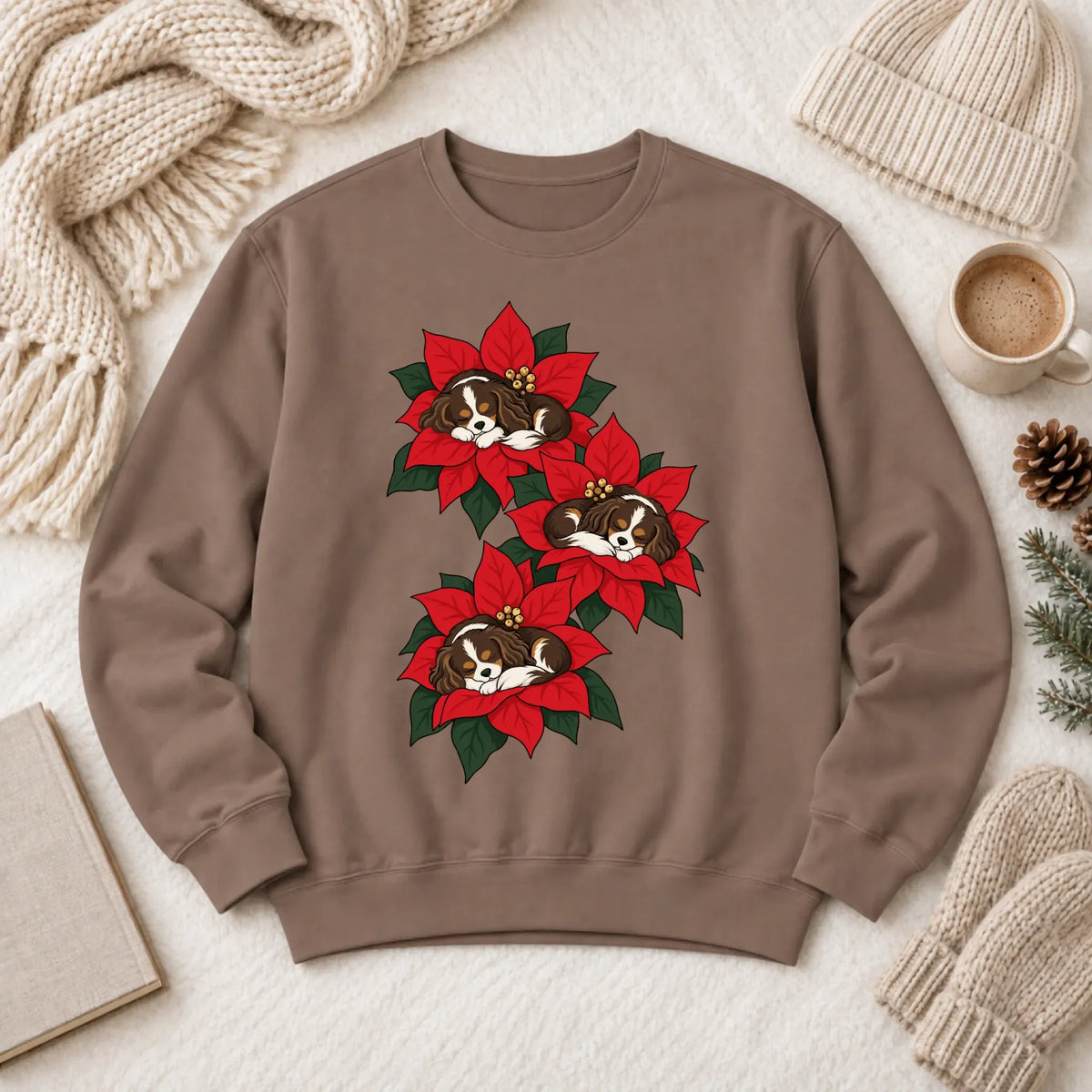 Custom Cavalier Christmas Poinsettias Unisex Sweatshirt Espresso