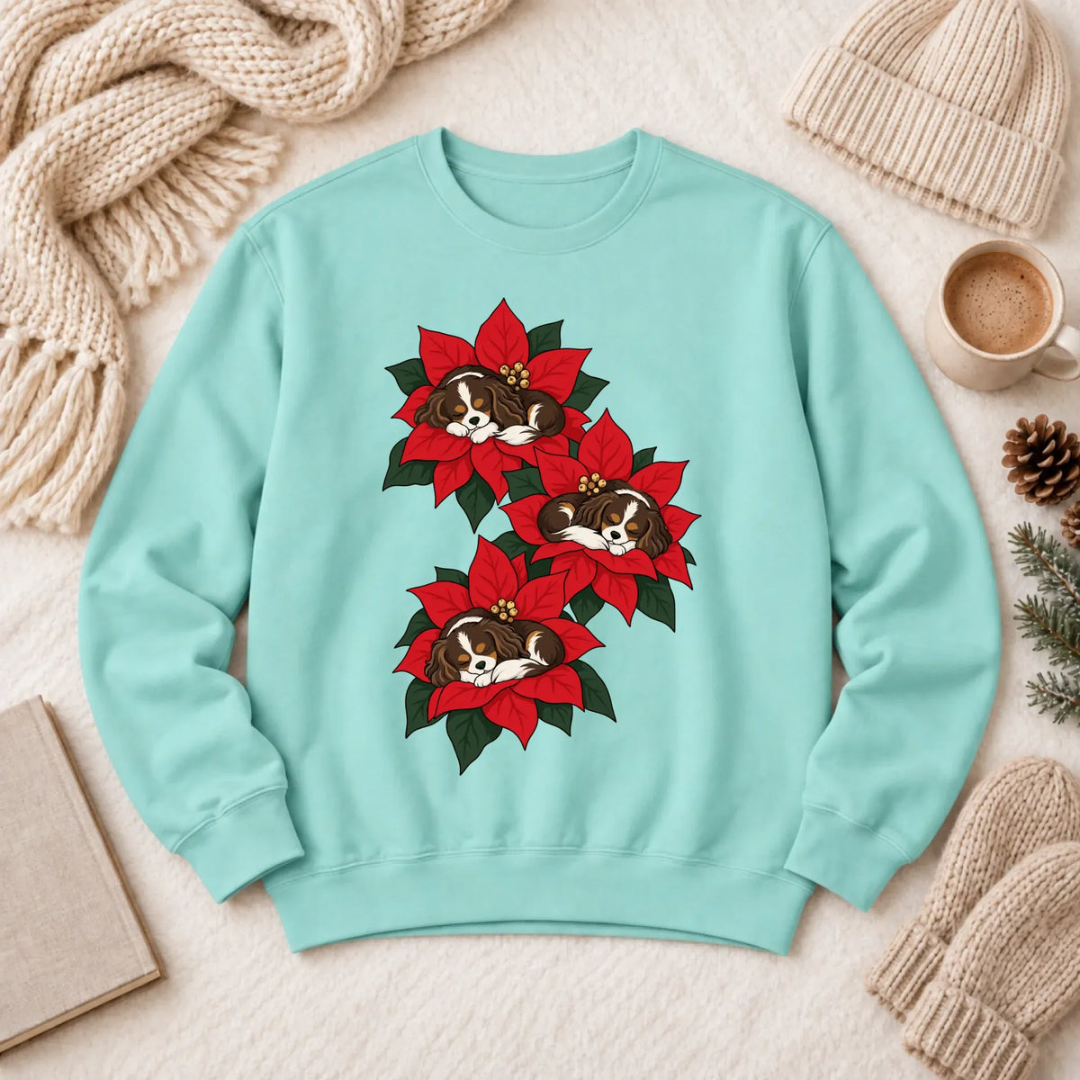 Custom Cavalier Christmas Poinsettias Unisex Sweatshirt Chalky Mint