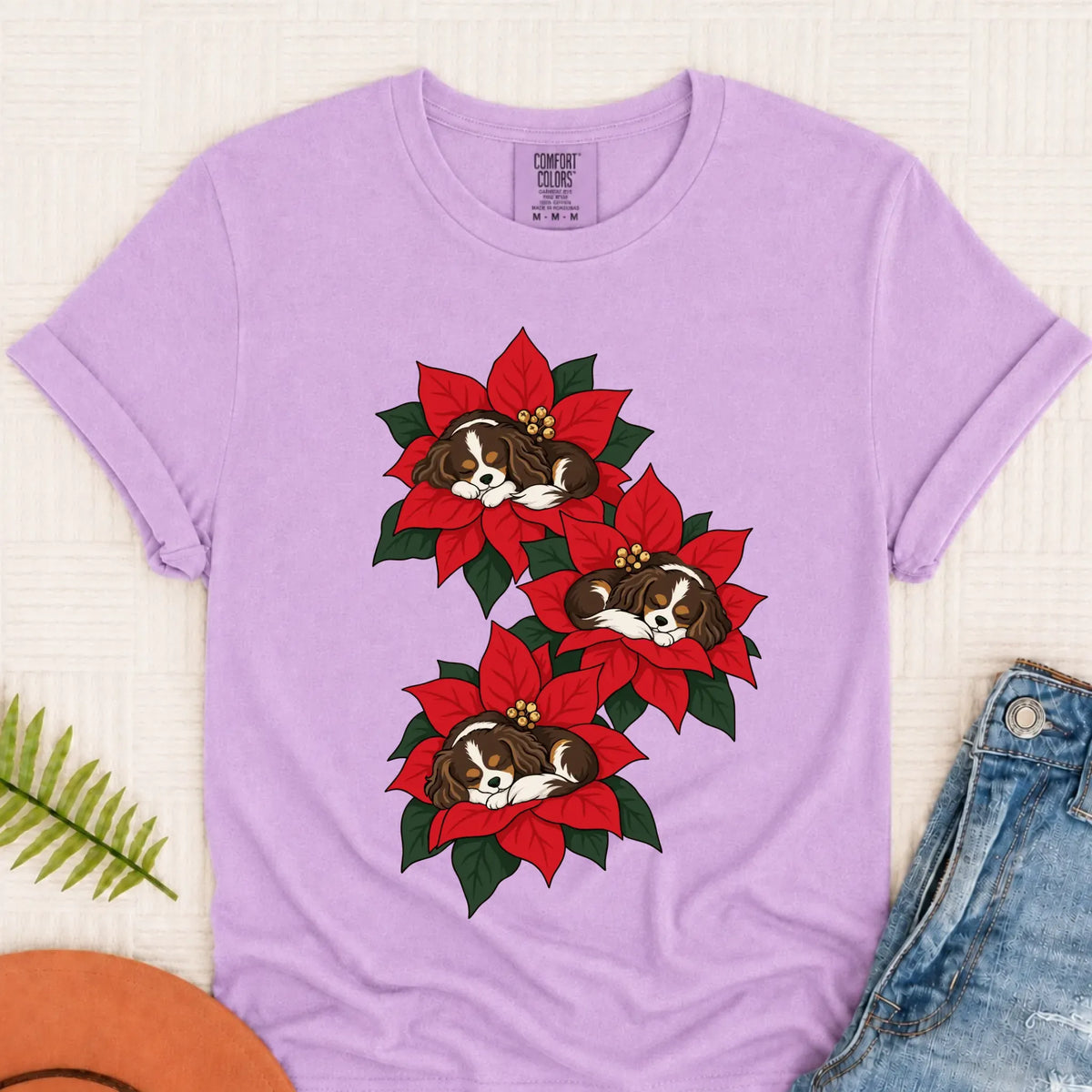 Custom Cavalier Christmas Poinsettias Unisex TShirt Orchid