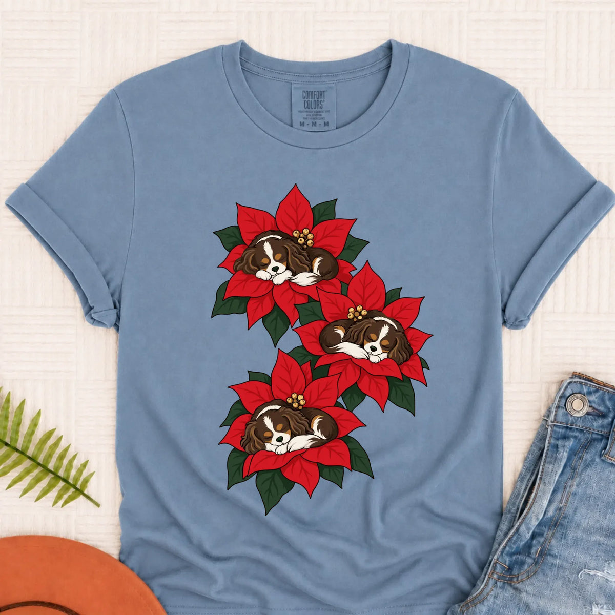 Custom Cavalier Christmas Poinsettias Unisex TShirt Blue Jean