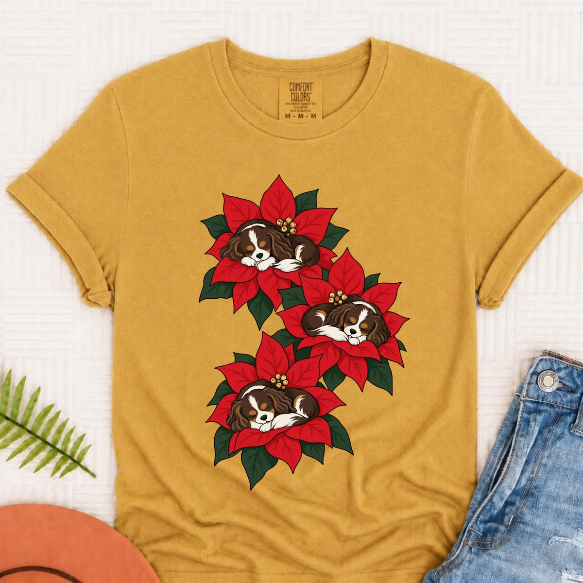 Custom Cavalier Christmas Poinsettias Unisex TShirt Mustard