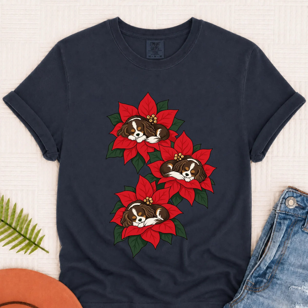 Custom Cavalier Christmas Poinsettias Unisex TShirt Navy