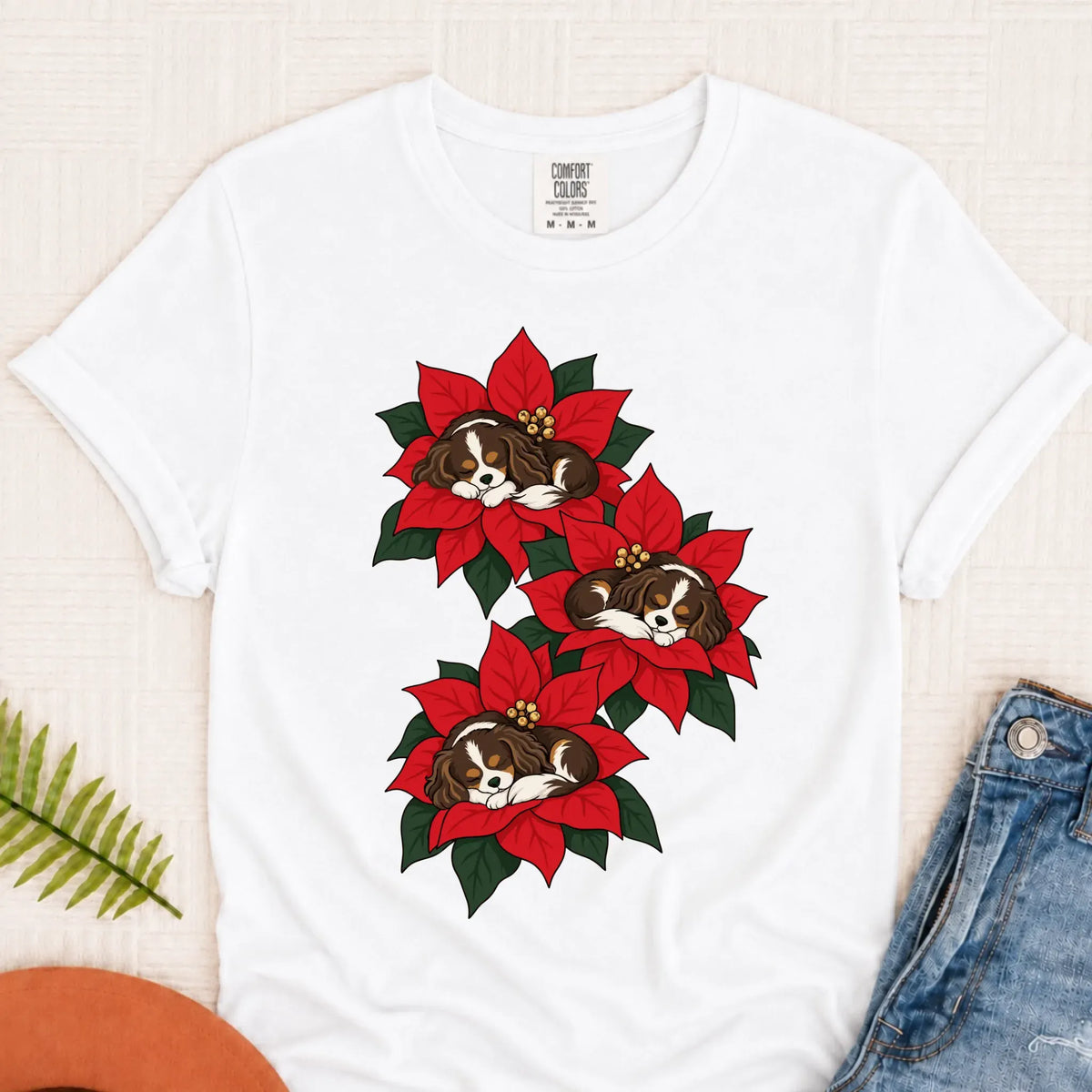 Custom Cavalier Christmas Poinsettias Unisex TShirt White