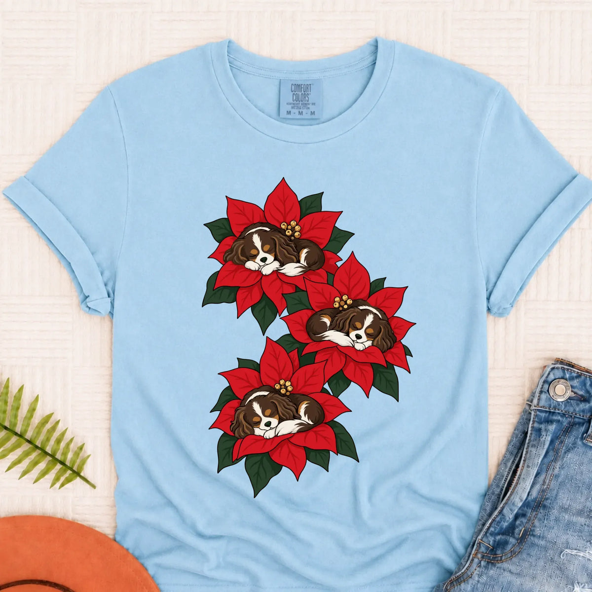 Custom Cavalier Christmas Poinsettias Unisex TShirt Chambray