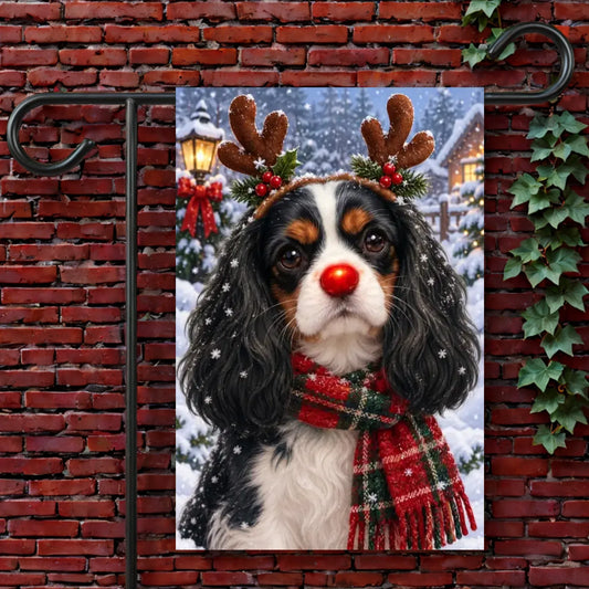 Custom Cavalier Christmas Red Nose Reindeer Garden Flag 12'' × 18''