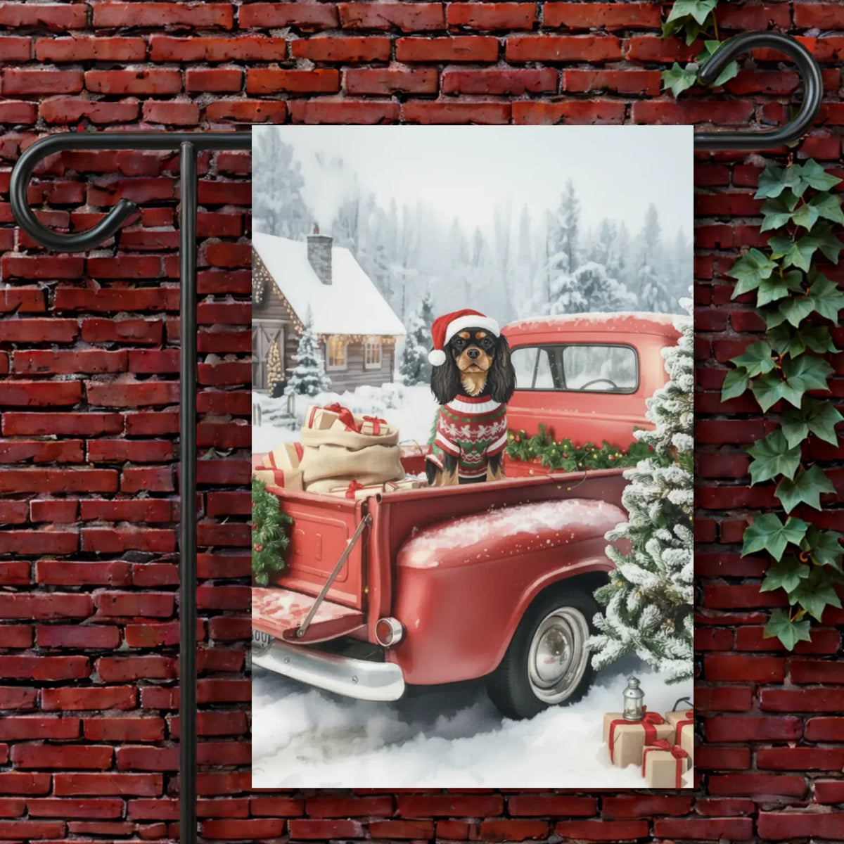 Custom Cavalier Christmas Red Truck Garden Flag 12'' × 18''