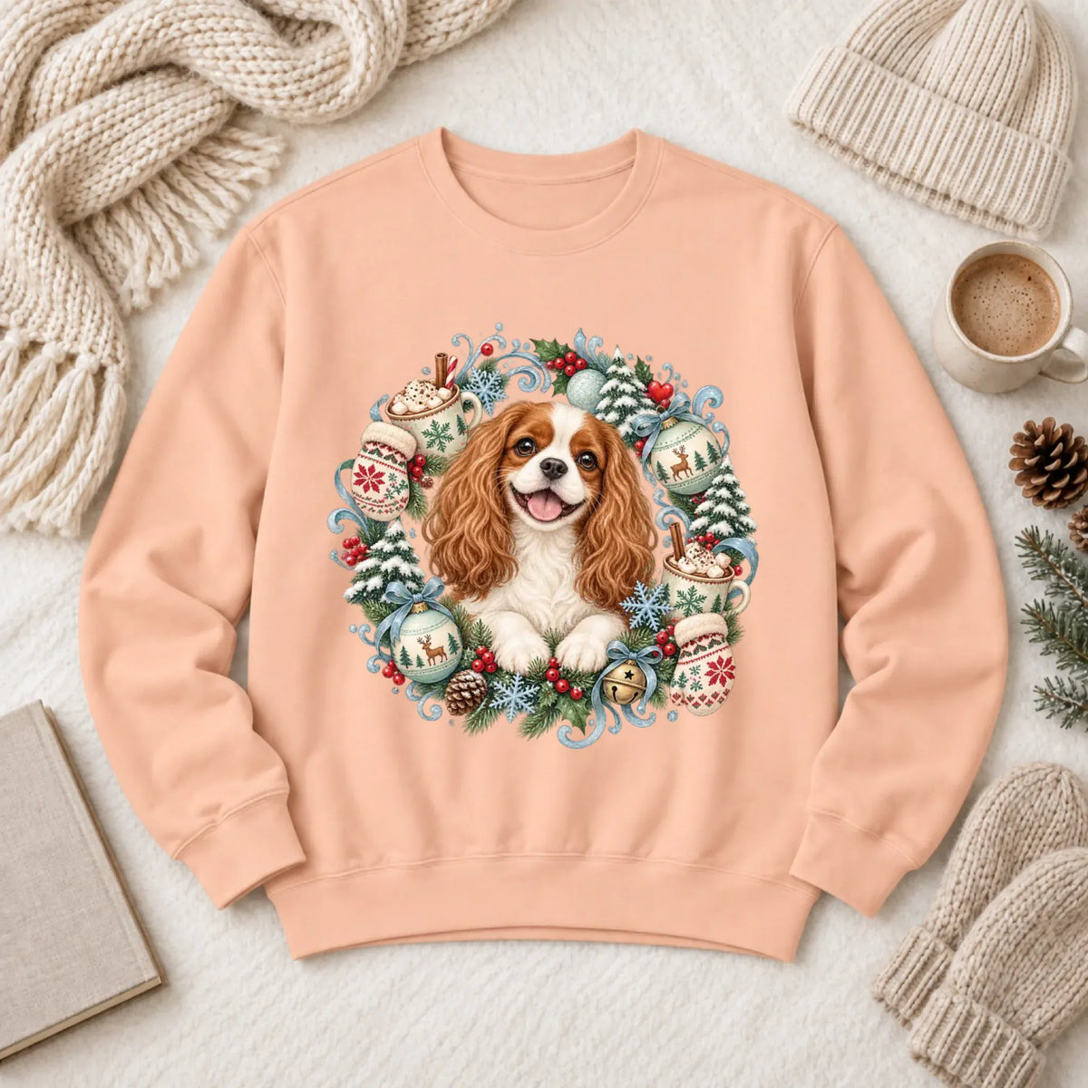 Custom Cavalier Christmas Wreath Unisex Sweatshirt Peachy