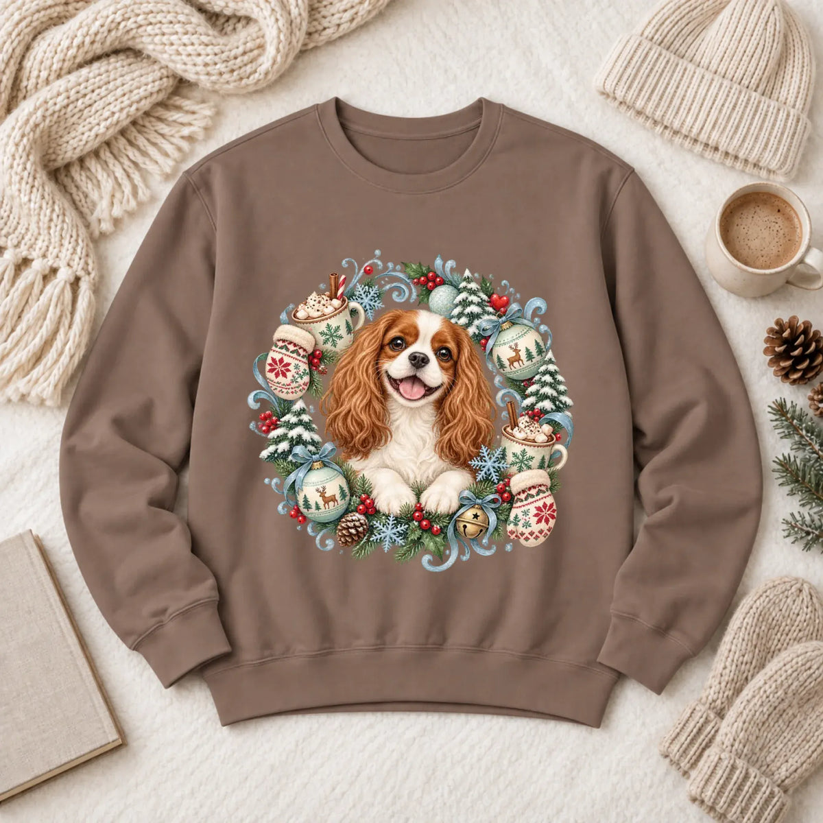 Custom Cavalier Christmas Wreath Unisex Sweatshirt Espresso
