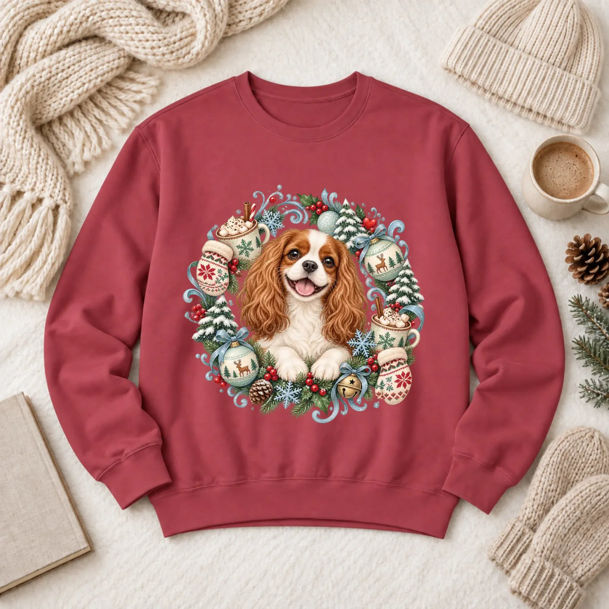 Custom Cavalier Christmas Wreath Unisex Sweatshirt Crimson
