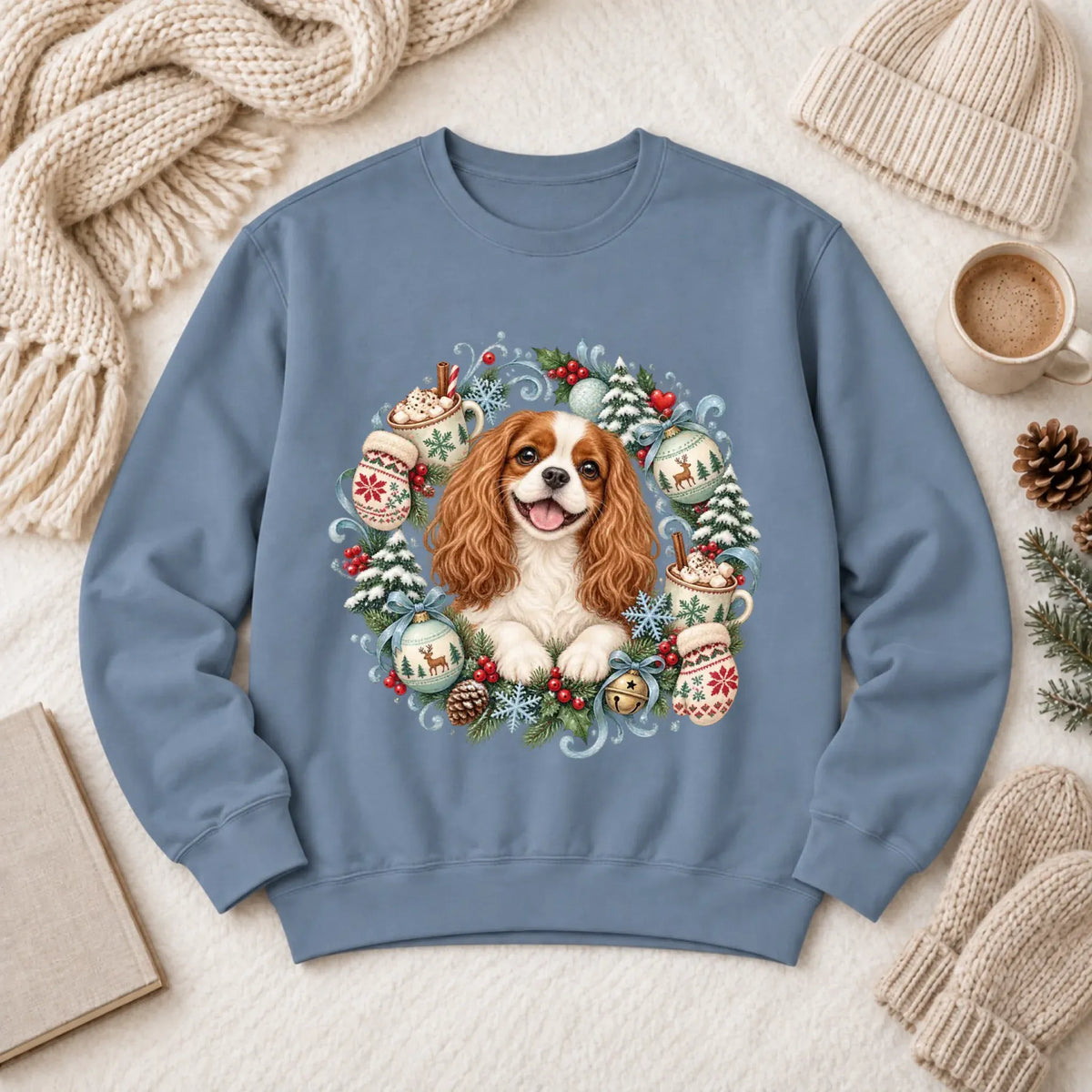 Custom Cavalier Christmas Wreath Unisex Sweatshirt Blue Jean