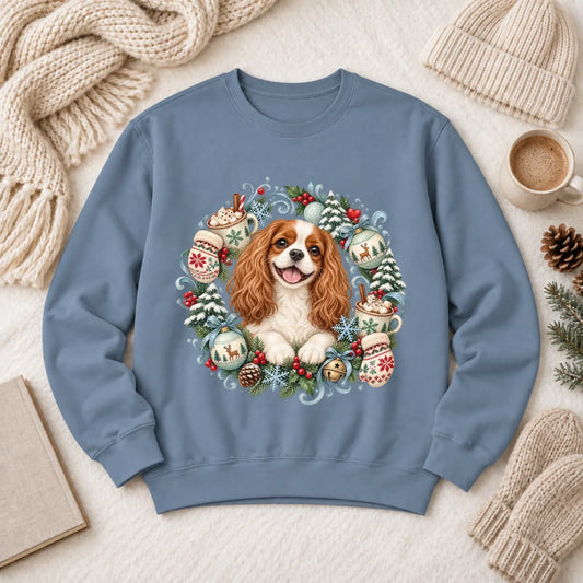 Custom Cavalier Christmas Wreath Unisex Sweatshirt Blue Jean