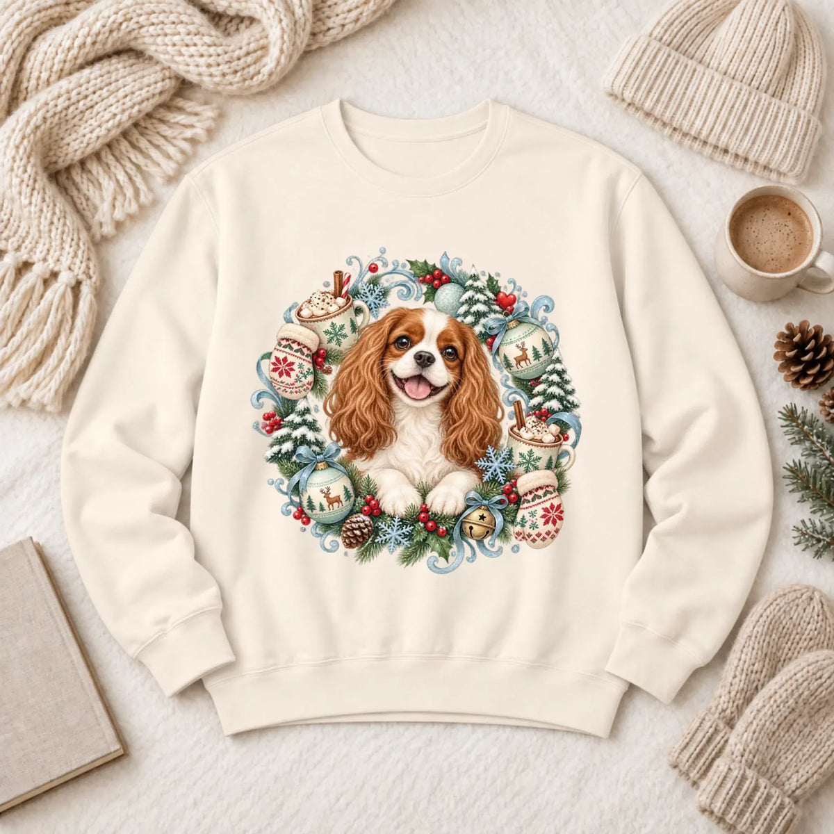 Custom Cavalier Christmas Wreath Unisex Sweatshirt Ivory
