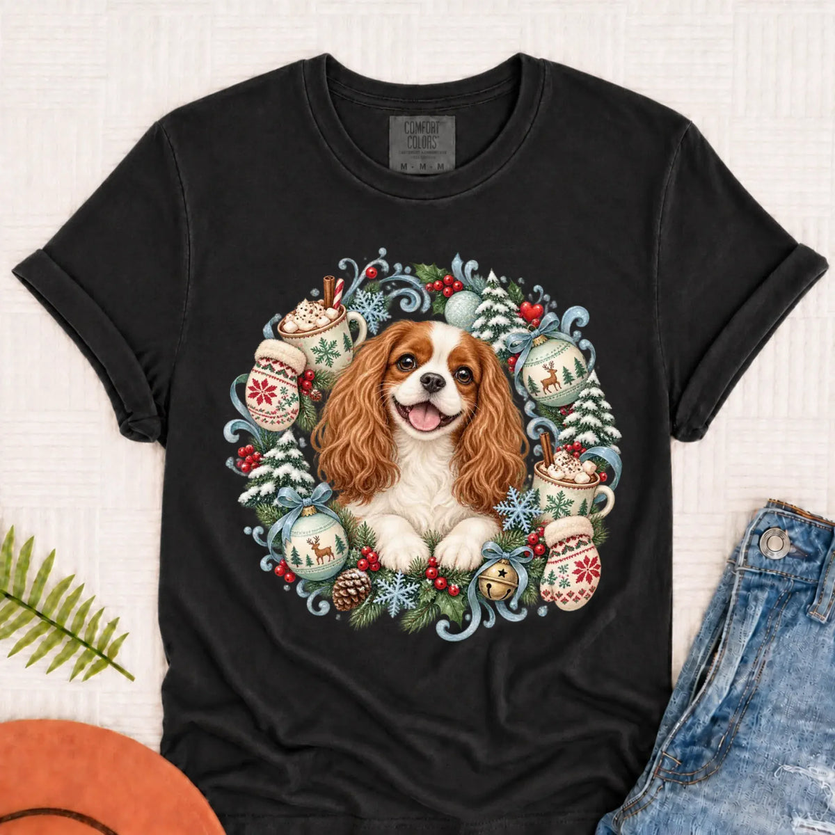 Custom Cavalier Christmas Wreath Unisex TShirt Graphite