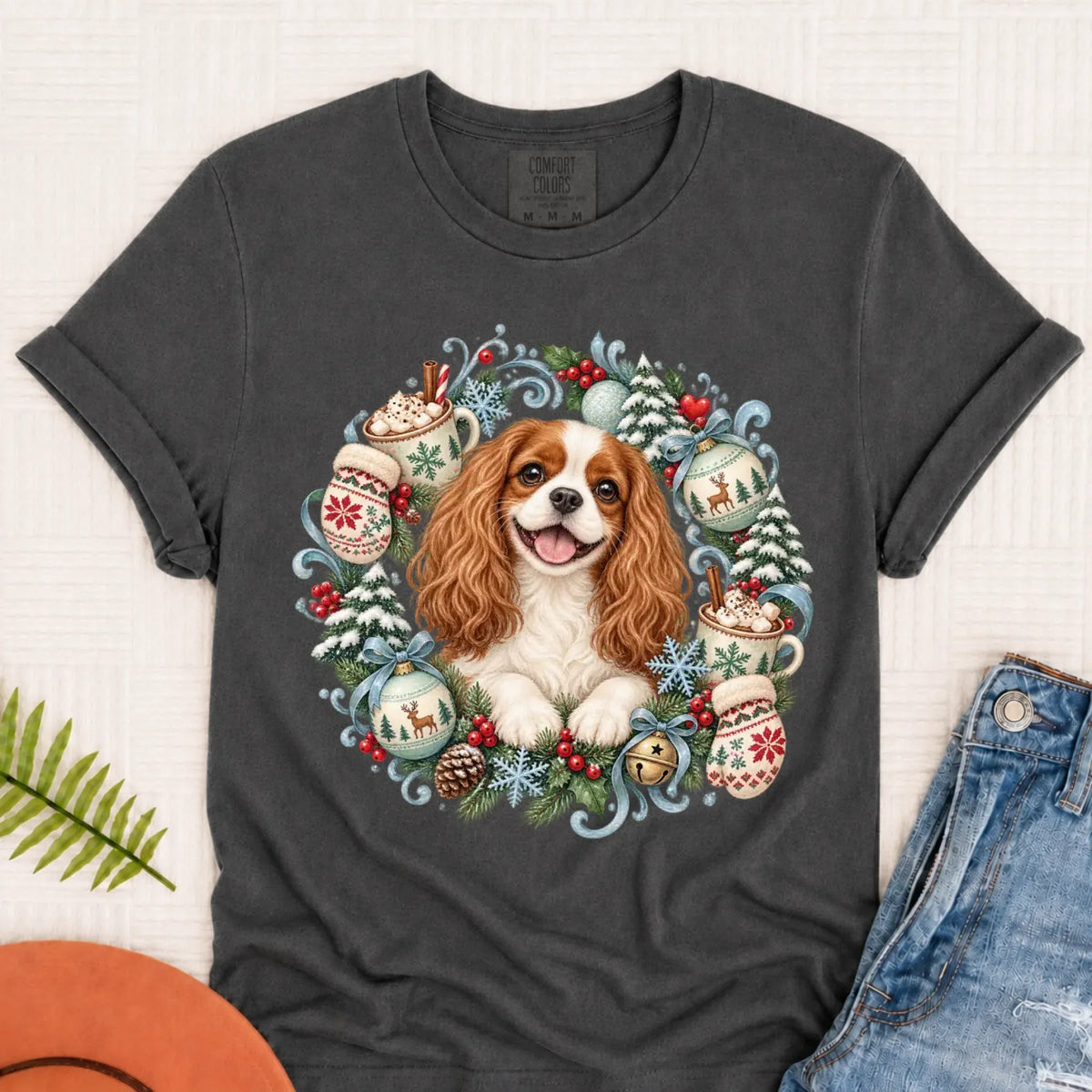 Custom Cavalier Christmas Wreath Unisex TShirt Pepper