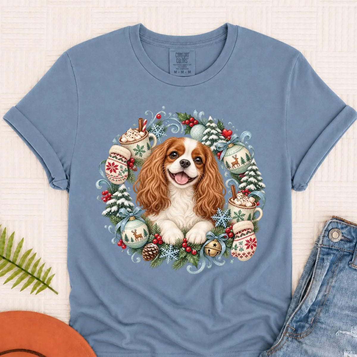 Custom Cavalier Christmas Wreath Unisex TShirt Blue Jean