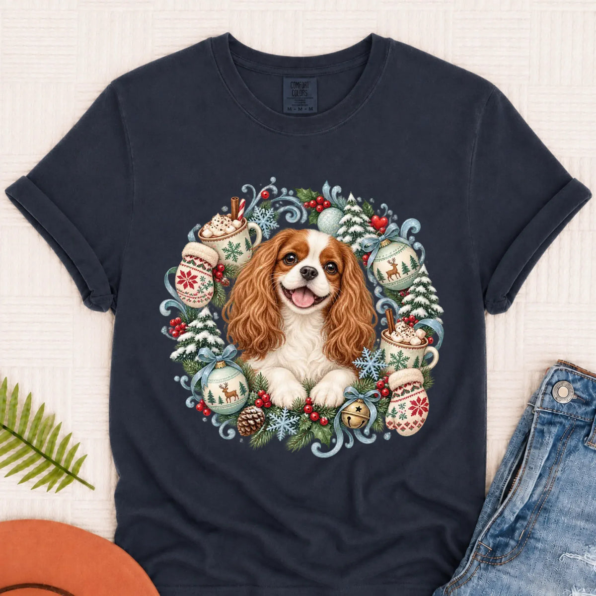 Custom Cavalier Christmas Wreath Unisex TShirt Navy