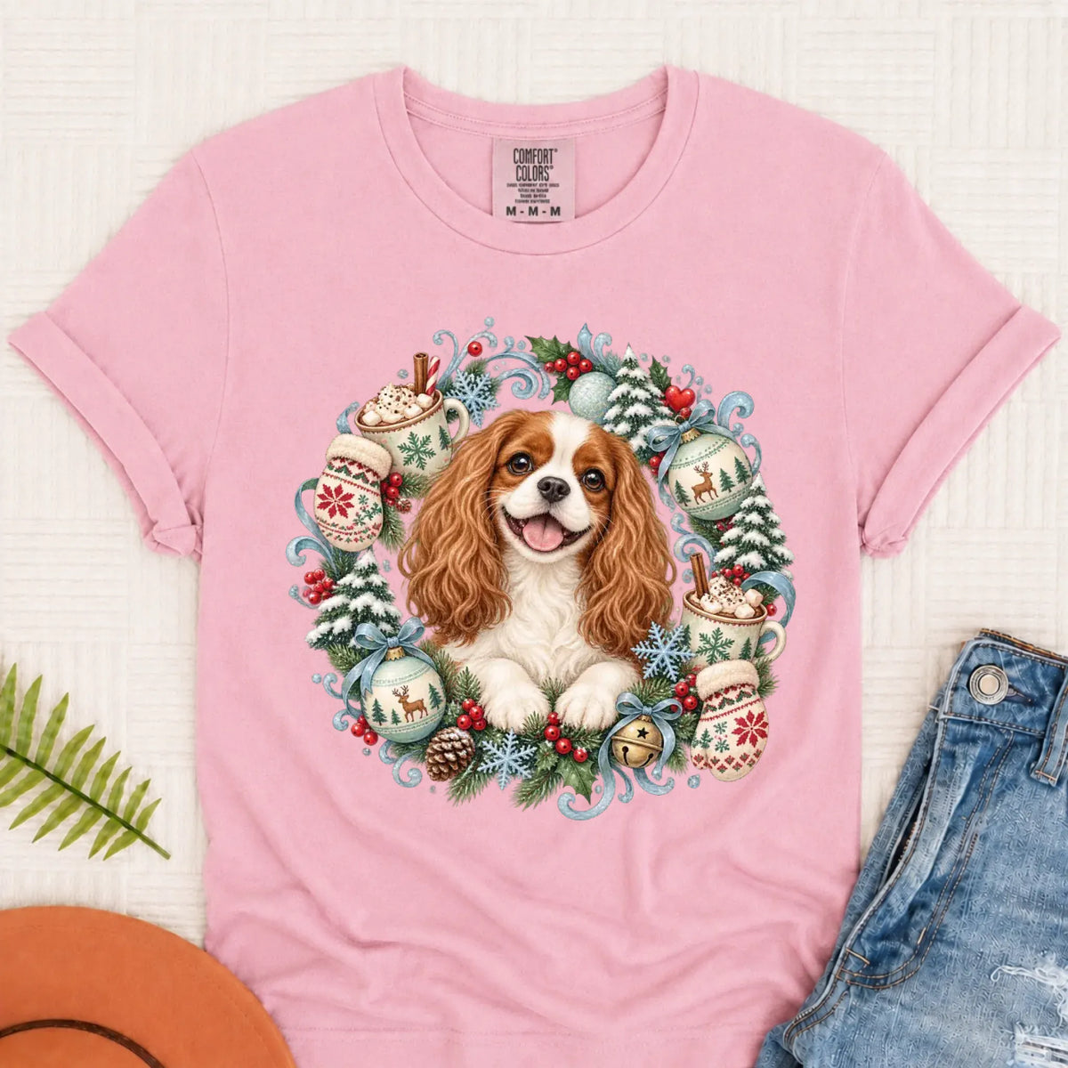 Custom Cavalier Christmas Wreath Unisex TShirt Blossom