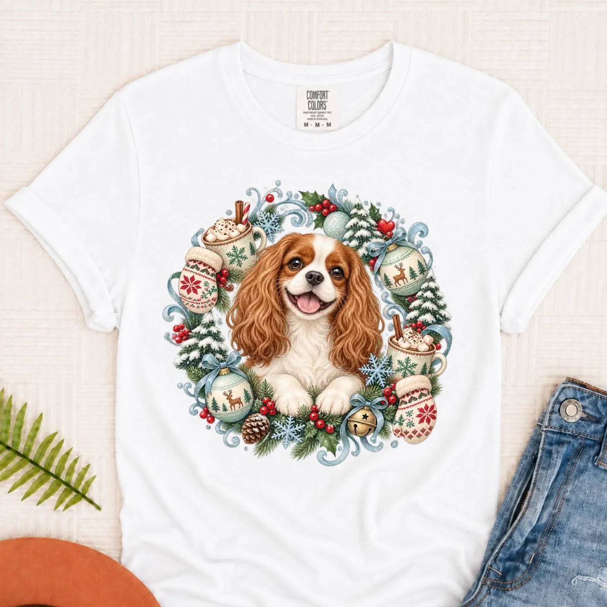 Custom Cavalier Christmas Wreath Unisex TShirt White