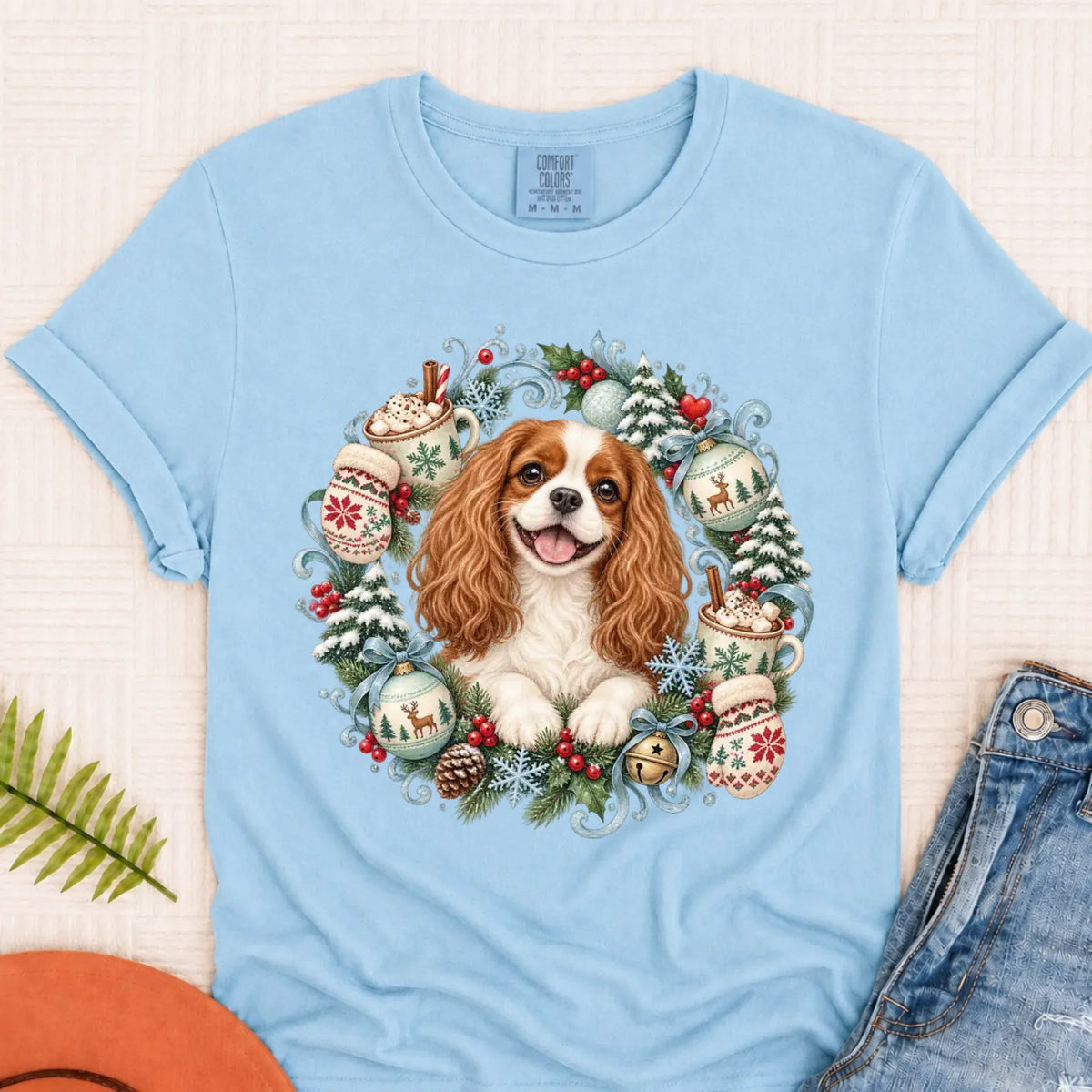 Custom Cavalier Christmas Wreath Unisex TShirt Chambray