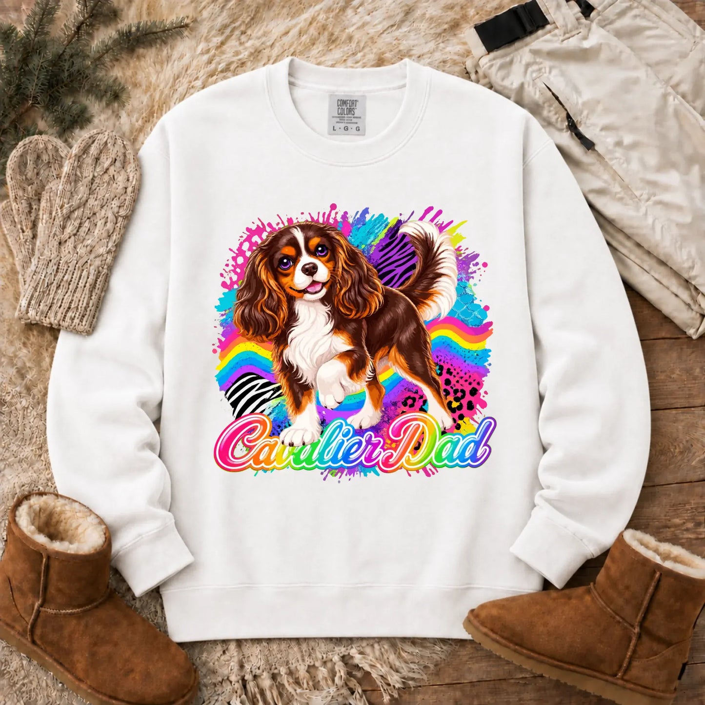 Custom Cavalier Dad Retro Neon Unisex Sweatshirt White
